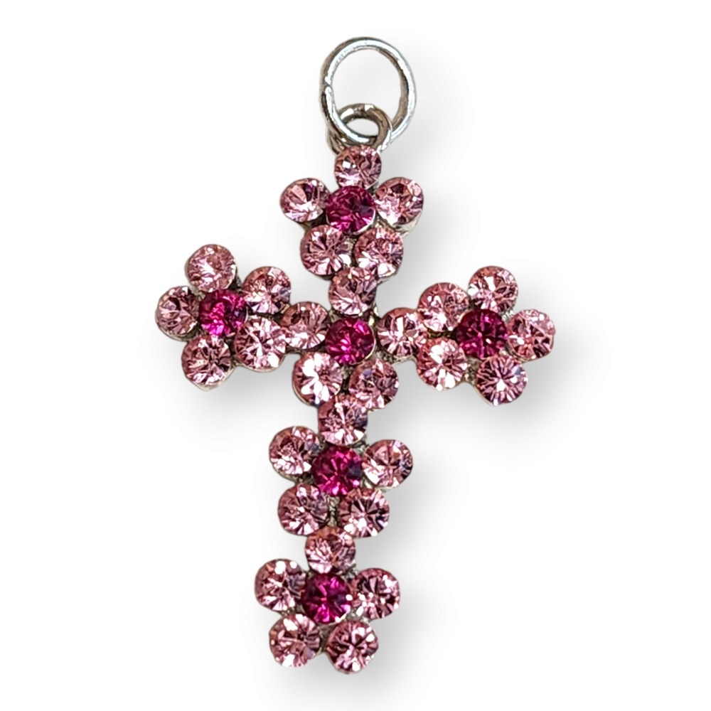 Pendant Rhinestone Sterling Silver 925 CrossFantastic Sparkly Cute Large Pink